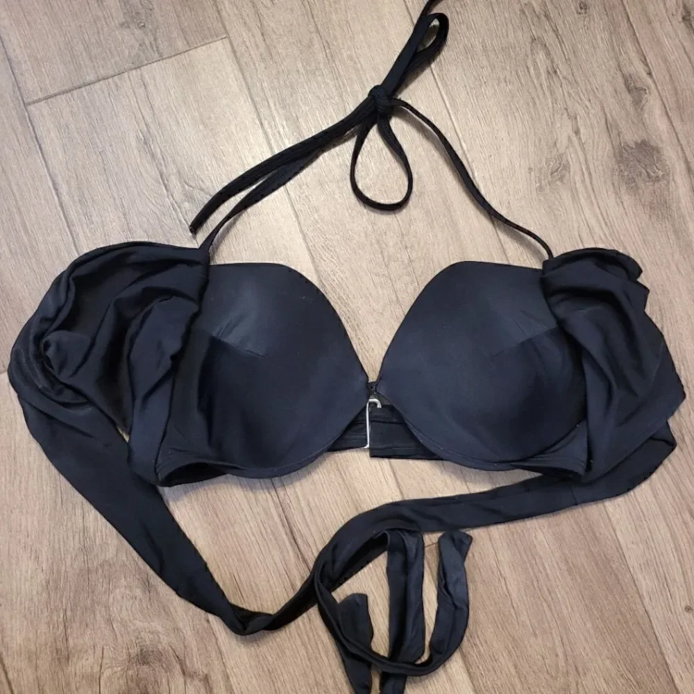 Victoria Secret Tie Front Halter Swimwear Bikini Top Black Size 32DD